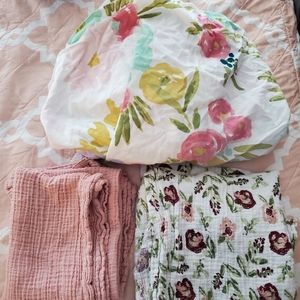 Cloud Island crib sheet and 2 Muslin Chick Pea Swaddle Blankets $7